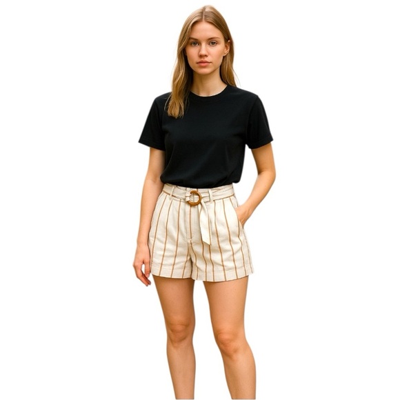 Topshop High Waist Shorts Stripes Pleated Belted Sz 6 Cream Brown Boho Chic - Picture 1 of 14